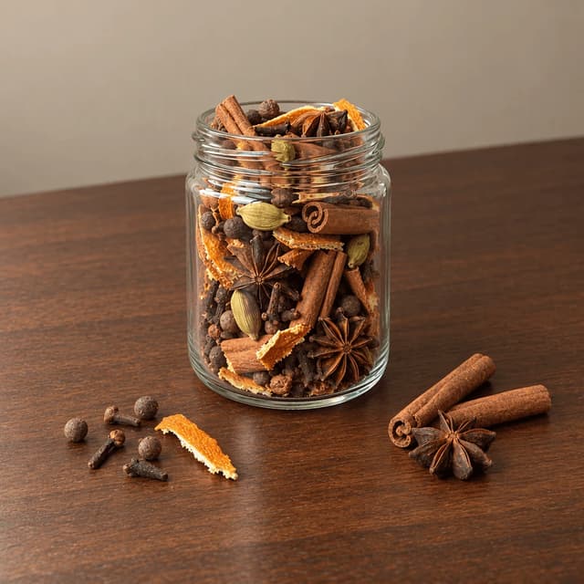 Open plain glass jar of whole mulling spices with cinnamon sticks, star anise, cloves, allspice and dried orange peel on dark walnut