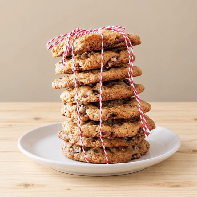 Tall stack of eight oatmeal cookies with cranberries and pecans tied with red-and-white baker's twine on a white plate over pale pine
