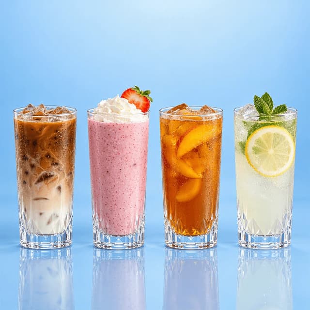Čtyři vysoké nápoje v řadě na lesklém pudrově modrém povrchu: ledová káva, růžové smoothie, ledový broskvový čaj a limonáda