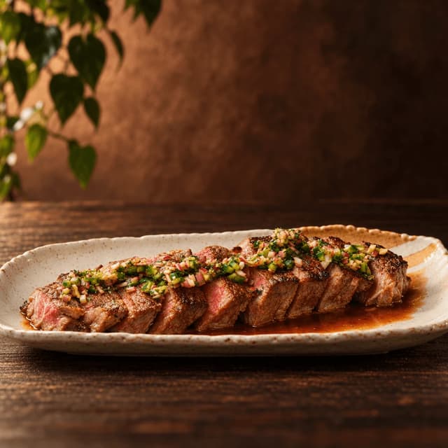 Nakrájený opečený ribeye rozložený do vějíře na krémovém kropenatém talíři s hrubým zeleným chimichurri a výpekem