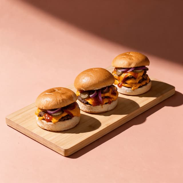 Three cheeseburgers in a row on a bamboo board — fast food launch photography