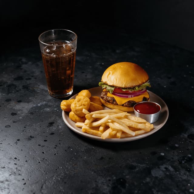 Cheeseburger, nuggets, fries and iced cola on dark stone — fast food combo photography