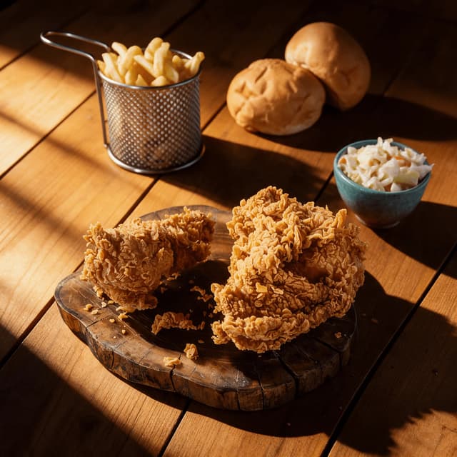 Fried chicken, fries and coleslaw on a plank table — fast food chicken photography