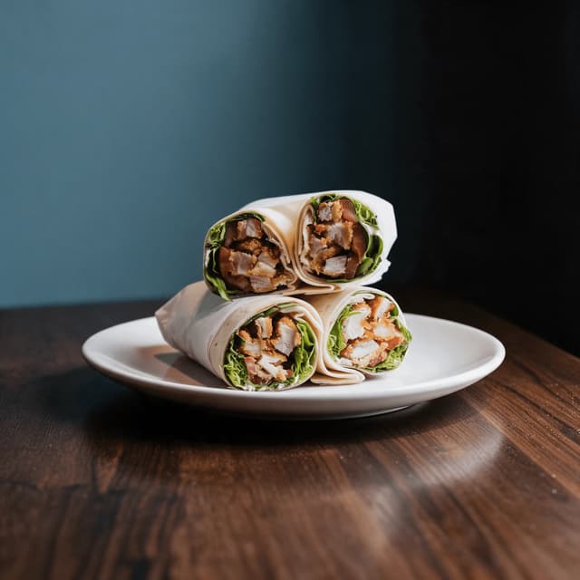Crispy chicken wrap halves on a white plate — fast food wrap photography