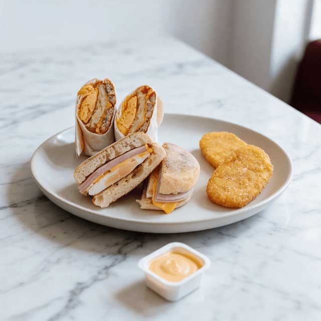 Breakfast muffin sandwich, burrito halves and hash browns on marble — fast food breakfast photography