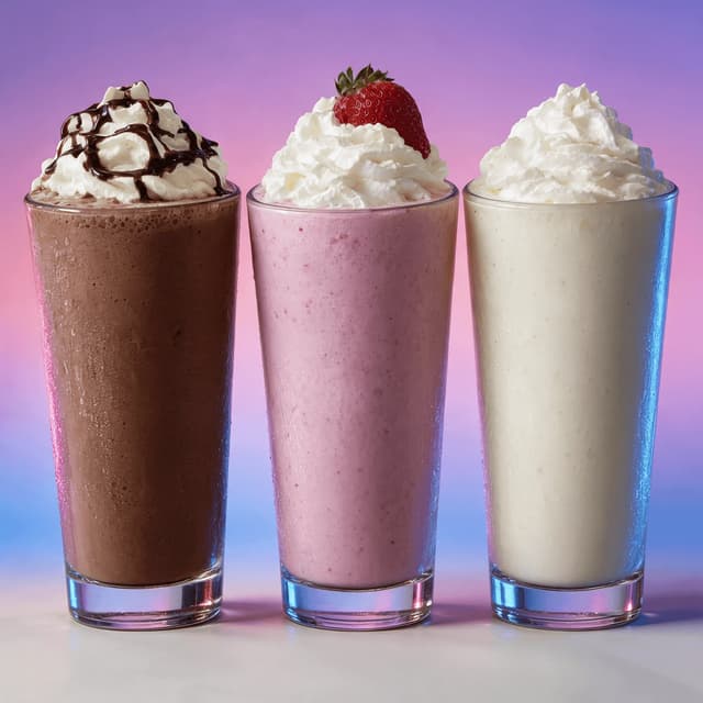 Chocolate, strawberry and vanilla shakes on a lavender set — fast food dessert photography