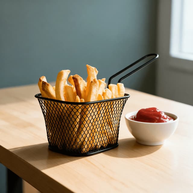 Golden fries in a wire basket with ketchup — fast food fries photography