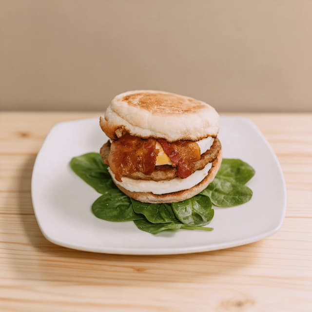 Sausage, bacon, egg and cheese muffin sandwich on pale wood — fast food breakfast photography
