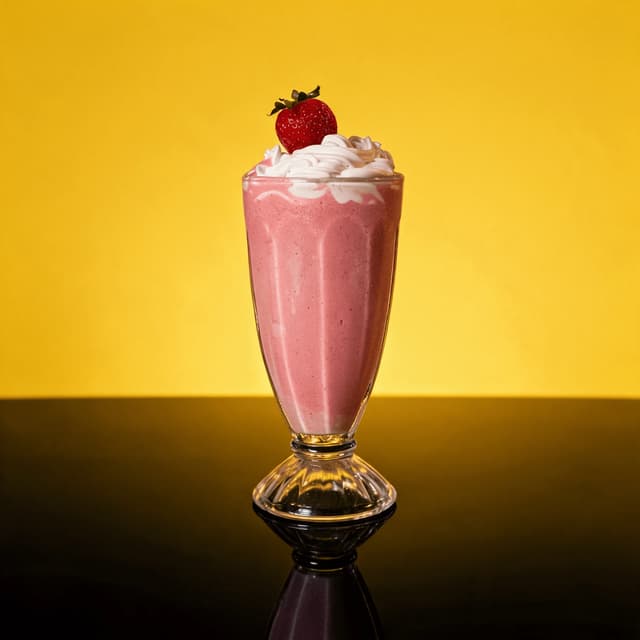 Strawberry milkshake with whipped cream on a yellow set — fast food dessert menu photography