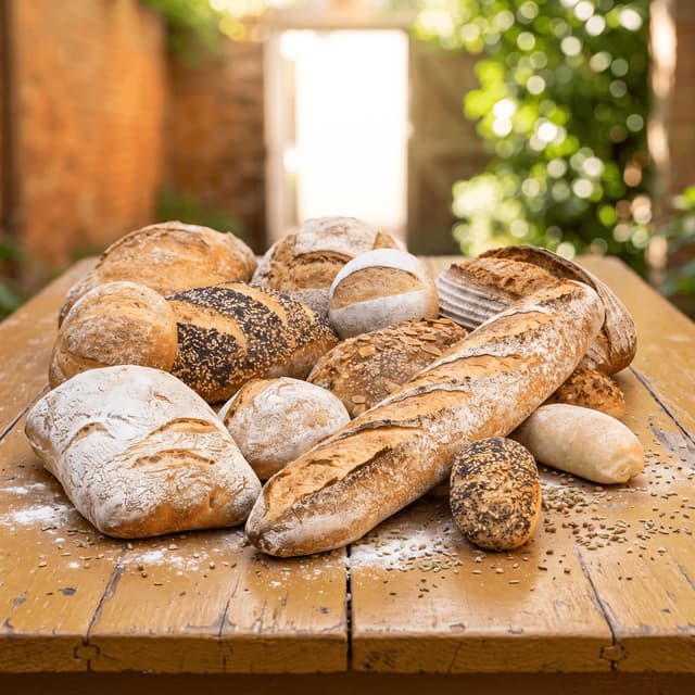 Artisan bread loaves on a sunlit mustard wooden table — farmers-market sign food photography