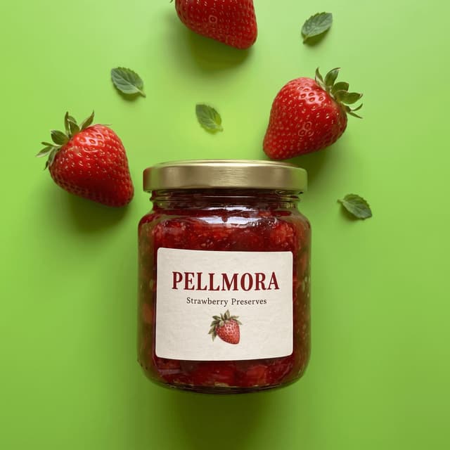 Strawberry preserves jar with fresh berries on bright green — product launch poster photography