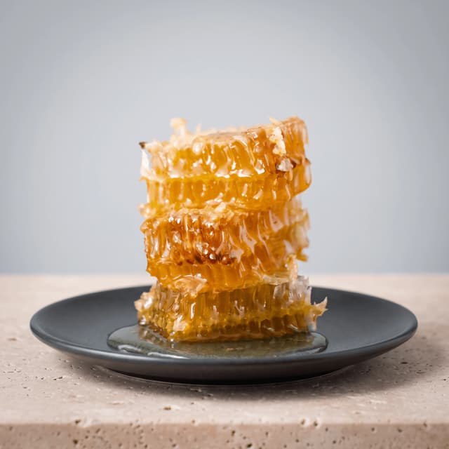 Stacked raw honeycomb on a dark plate on travertine — specialty producer poster photography