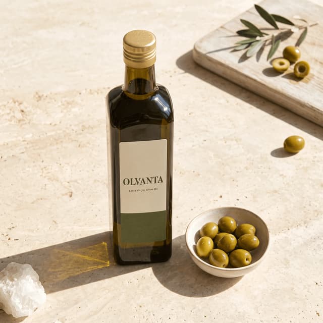 Olive oil bottle with green olives on sunlit travertine — tasting event poster photography