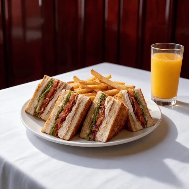 Club sandwich, fries and orange juice on white linen — room service food photography