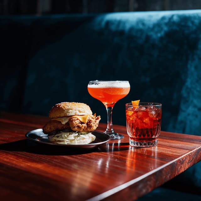 Cocktails and a crispy chicken burger on a wood bar — bar menu food photography