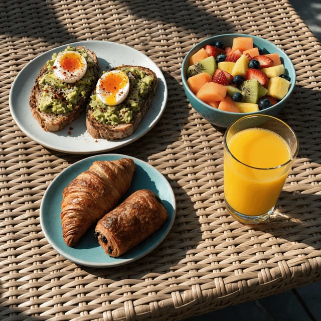 Breakfast spread with pastries, fruit and juice on rattan — hotel breakfast food photography