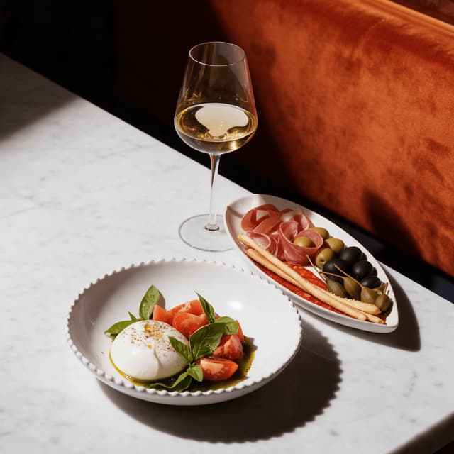 Burrata with tomatoes and white wine on white marble — seasonal menu food photography
