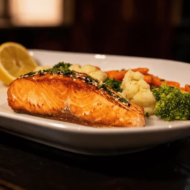 Seared salmon fillet on white porcelain — hotel restaurant food and beverage photography