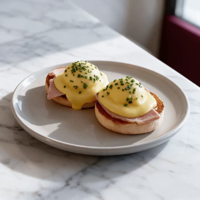 Eggs Benedict with hollandaise on a white marble table — hotel breakfast food photography