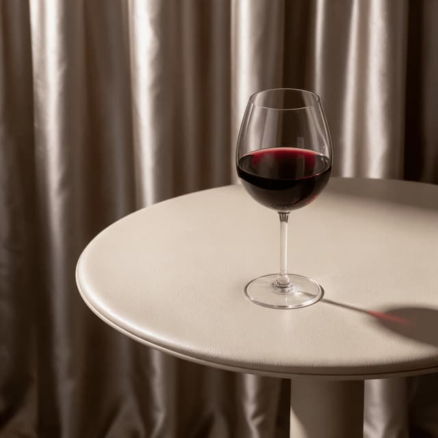 Glass of red wine on a cream pedestal table — hotel wine list photography