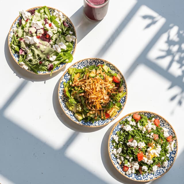 Three fresh salads on patterned plates in sunlight — delivery app header food photography