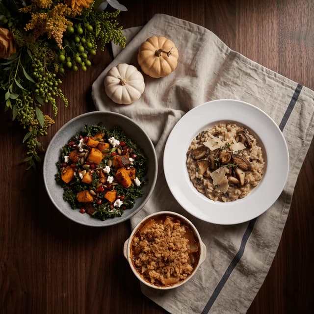 Squash salad, mushroom risotto and apple crumble on dark wood — fall homepage food photography