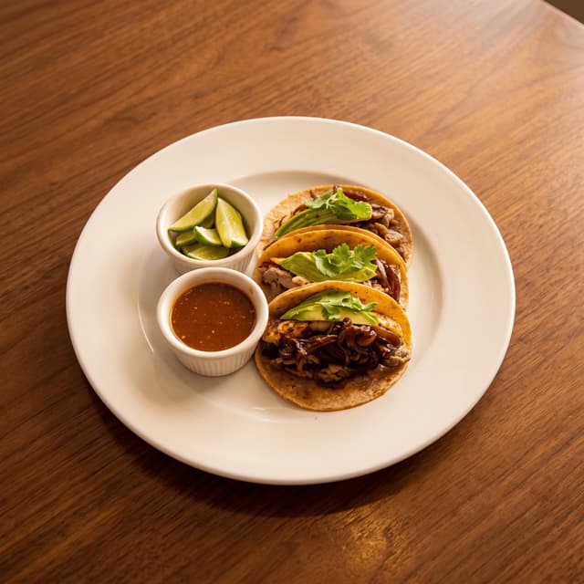 Beef tacos with avocado, lime and salsa on warm wood — email header food photography