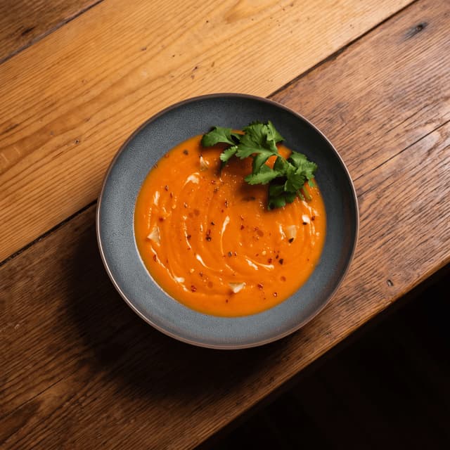 Carrot soup with a cream swirl on rustic wood — fall homepage banner food photography