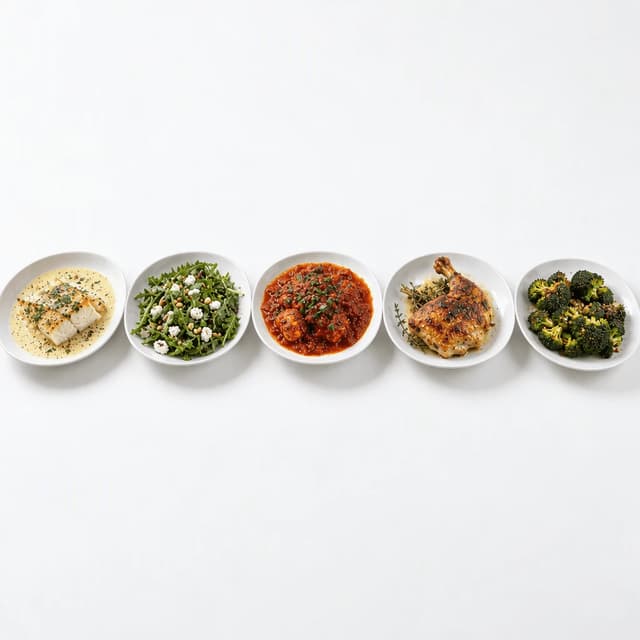 Five different plated dishes lined up in one straight even row on a seamless neutral white sweep under flat, colour-neutral light