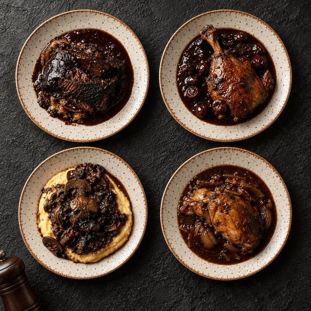 Overhead view of four plates of dark sauced dishes arranged in a square on a dark textured surface