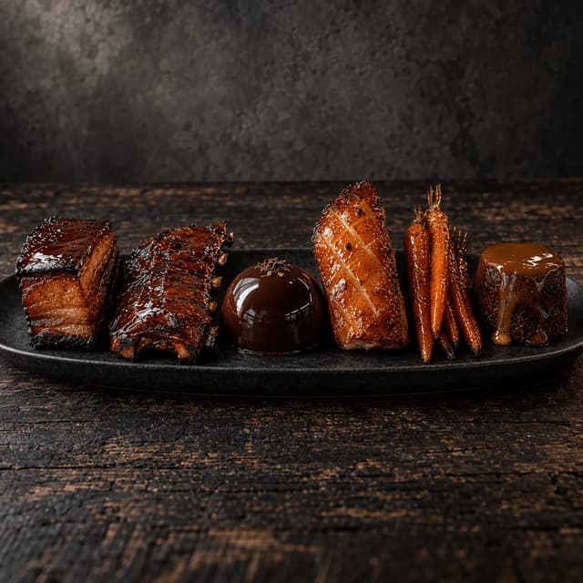 Row of six glossy lacquered and glazed foods on a dark editorial surface with strong specular highlights