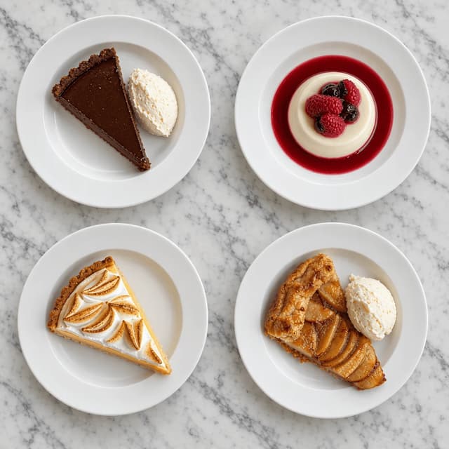 Overhead view of four plated desserts on very wide spotless white rimmed plates on pale marble