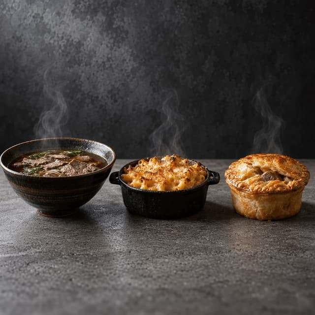 Three hot dishes side by side on a grey industrial surface with distinct ribbons of steam rising against a dark background