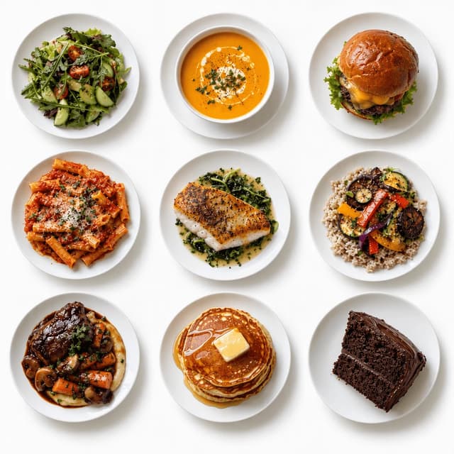 Overhead three by three grid of nine different plated menu dishes on seamless white, all matched in light and scale