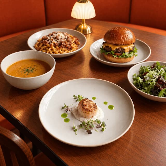 One elaborately plated fine dining dish in the foreground with four simple everyday menu plates behind it on a polished wood bistro table in a warm terracotta booth