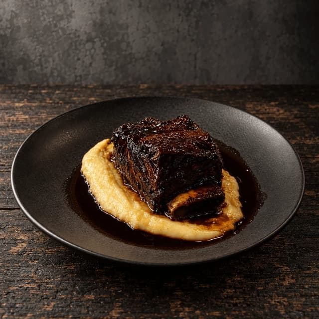 Single braised beef short rib in a dark glossy red wine jus over a swipe of potato puree on a dark plate