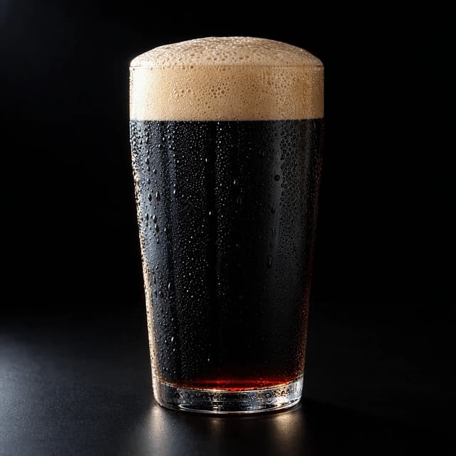 Single tall glass of dark stout with a dense creamy head and cold condensation beading down the glass