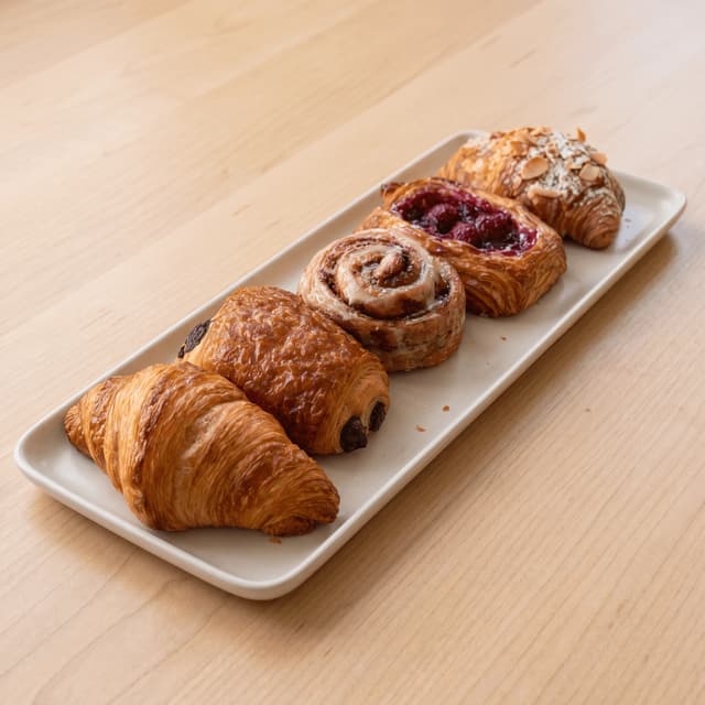 Five pastries on a white platter on pale wood — bakery-café chain menu photography