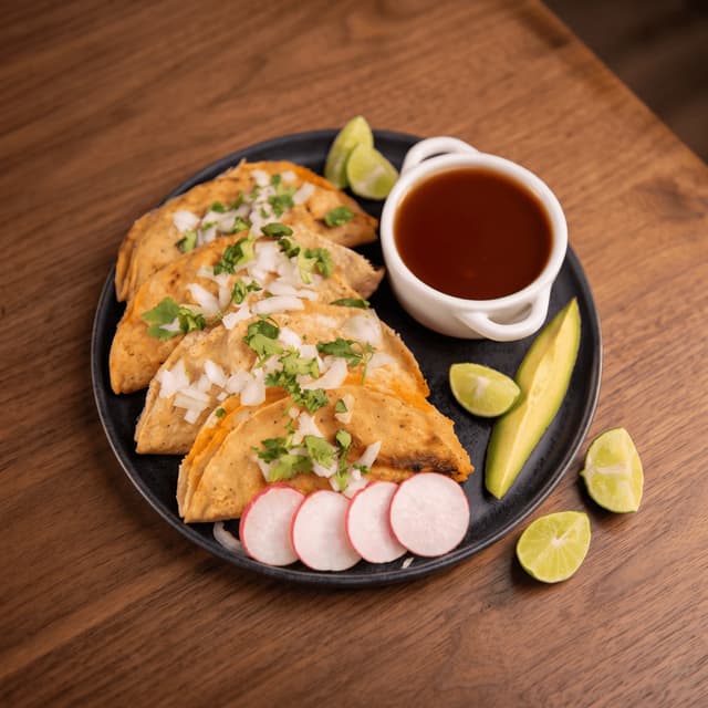 Birria tacos with consommé and lime on dark wood — taco chain menu photography