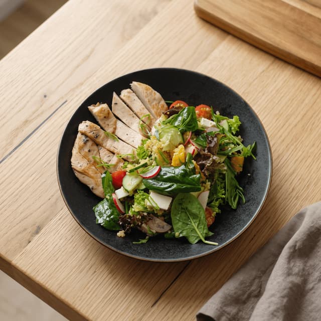 Grilled chicken quinoa bowl with greens on blonde oak — fast-casual brand food photography
