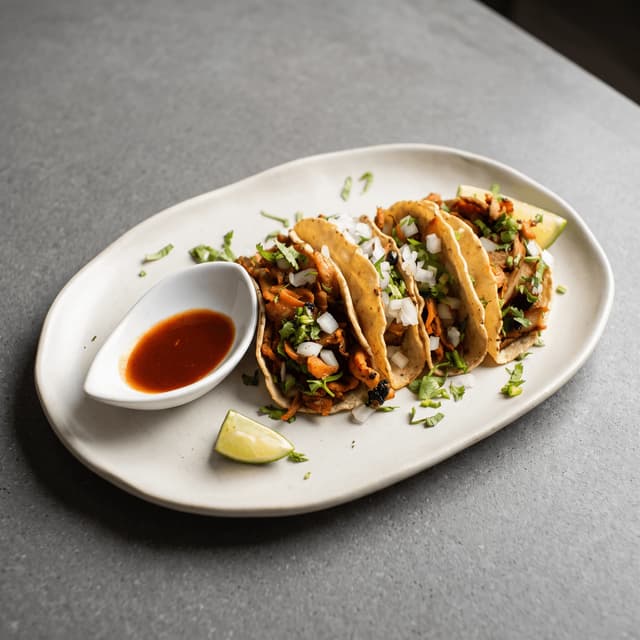 Al pastor tacos with onion, cilantro and lime — taco chain menu photography