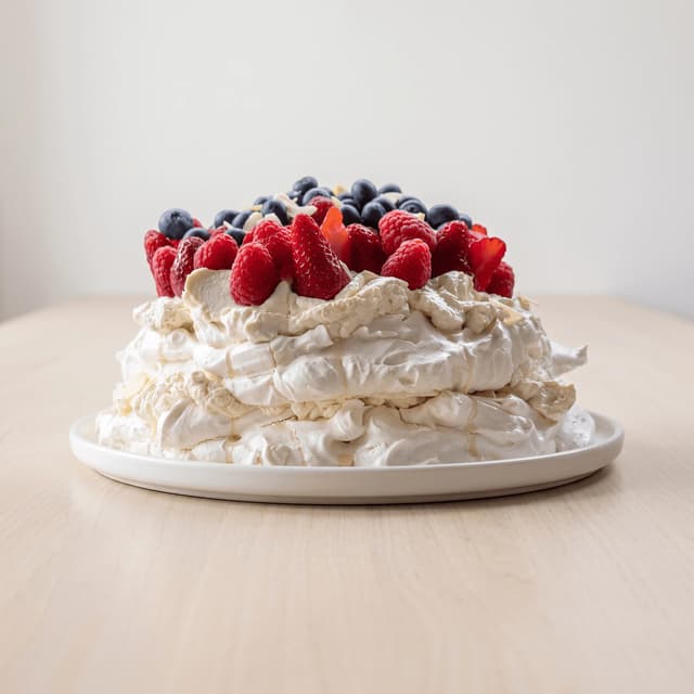 Berry pavlova with whipped cream on pale wood — seasonal campaign dessert photography