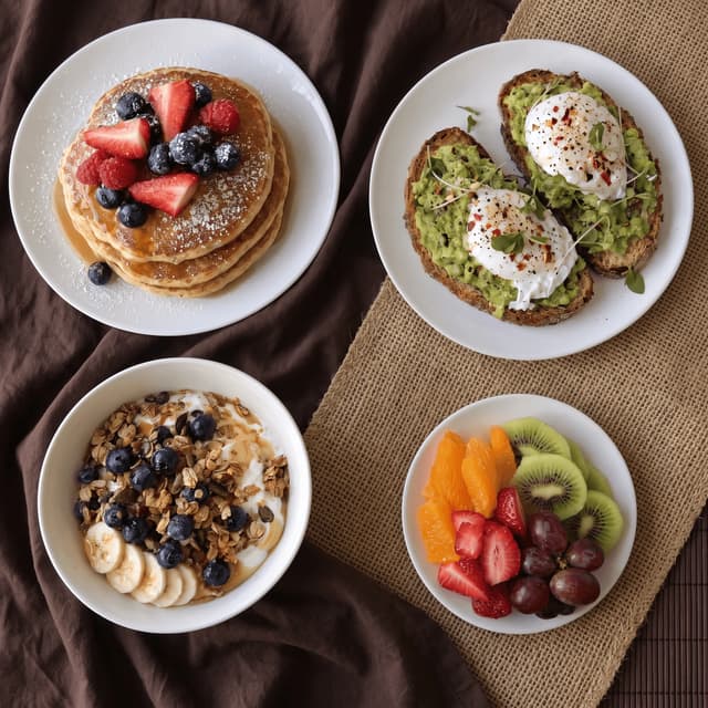 Pancakes, avocado toast and granola bowl from above — brunch menu food photography