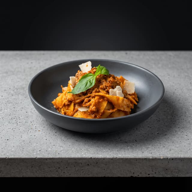 Pappardelle with beef ragù in a charcoal bowl — Italian restaurant food photography