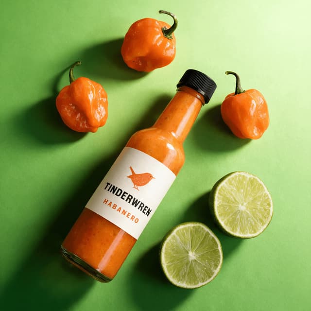 Habanero hot sauce bottle with fresh chilies on spring green — hot sauce food photography