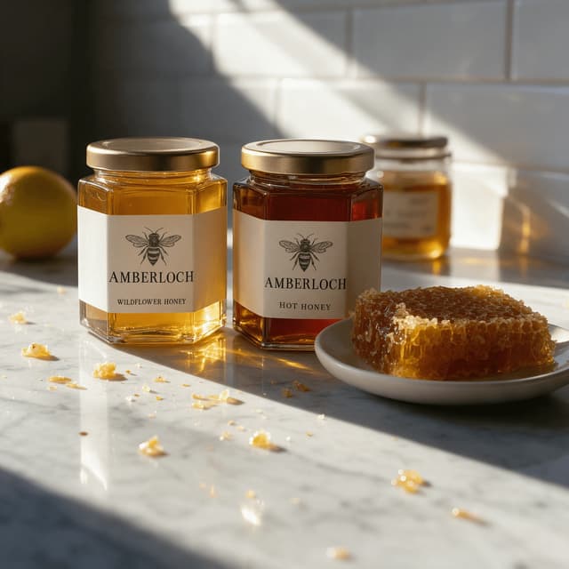 Two honey jars and honeycomb on sunlit white marble — honey brand food photography