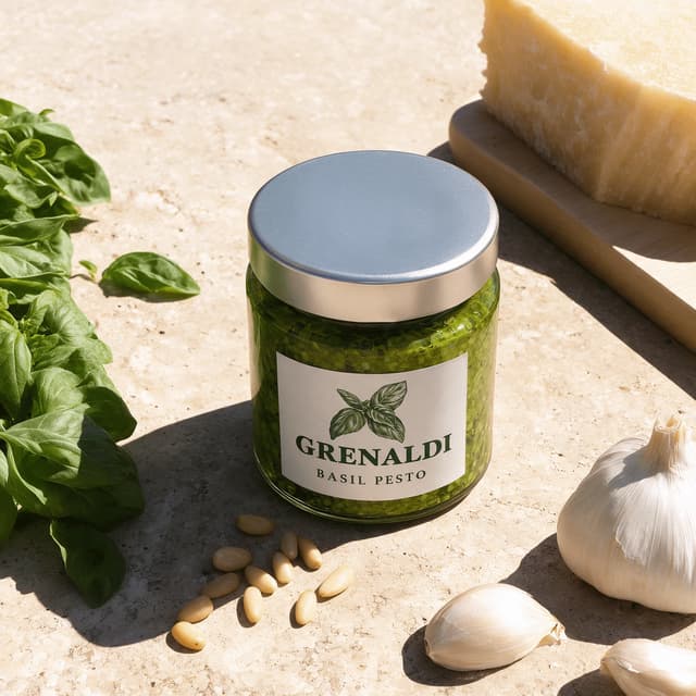 Basil pesto jar with basil, pine nuts and parmesan on travertine — pesto food photography