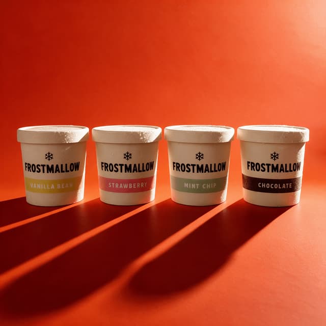 Four ice cream pints on a tangerine set — range shot food photography