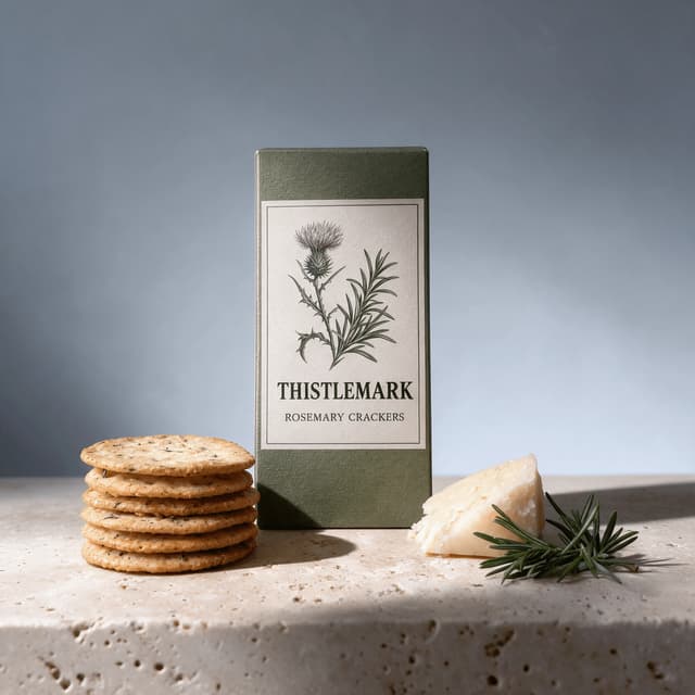 Rosemary cracker box with crackers and cheddar on travertine — cracker food photography