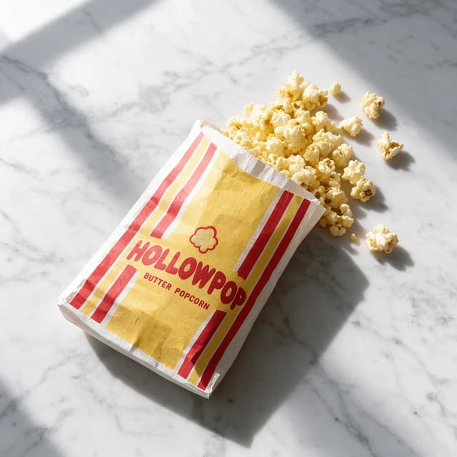 Butter popcorn bag spilling popcorn across white marble — snack marketplace food photography